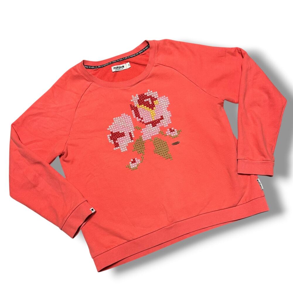 Maloja Pixel Floral Cross Stitch Embroidered Raglan Sweatshirt Melon Orange Sz L